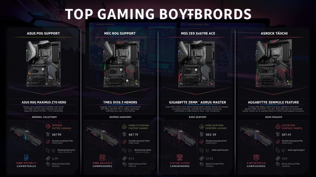 Top Gaming Motherboards specification snapshot highlighting PCIe, DDR5, VRM, USB, and networking features