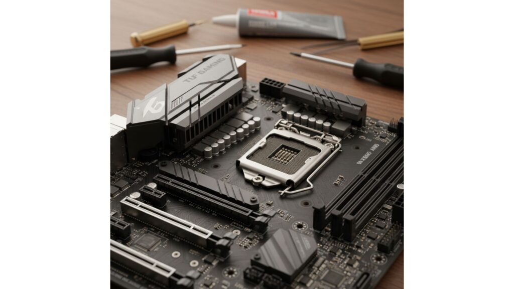 “AM5 motherboard buying guide showing AM5 socket, VRMs, M.2 and PCIe slots”