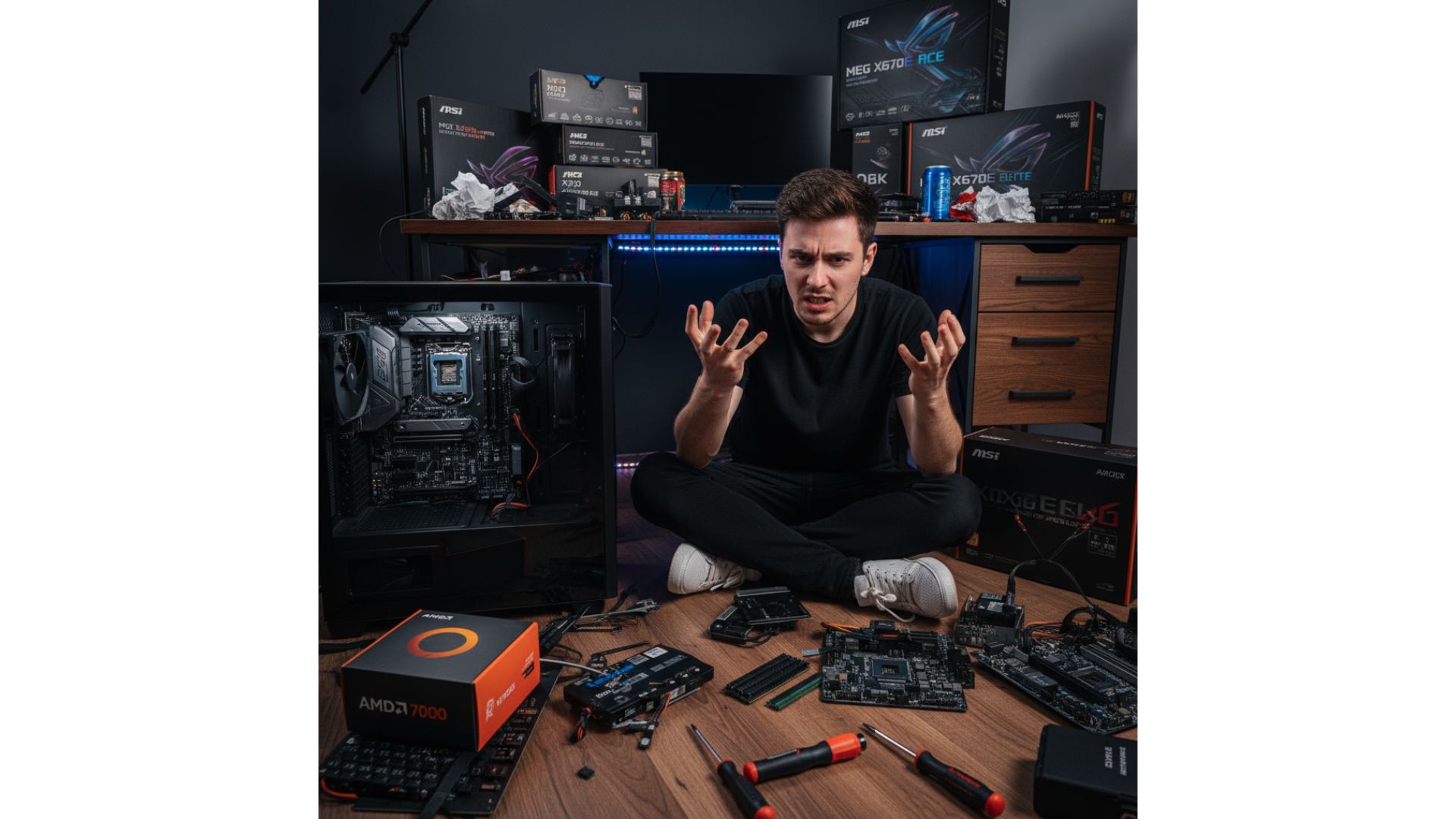 “AM5 motherboard buying struggle with Ryzen 7000 PC builder surrounded by components”