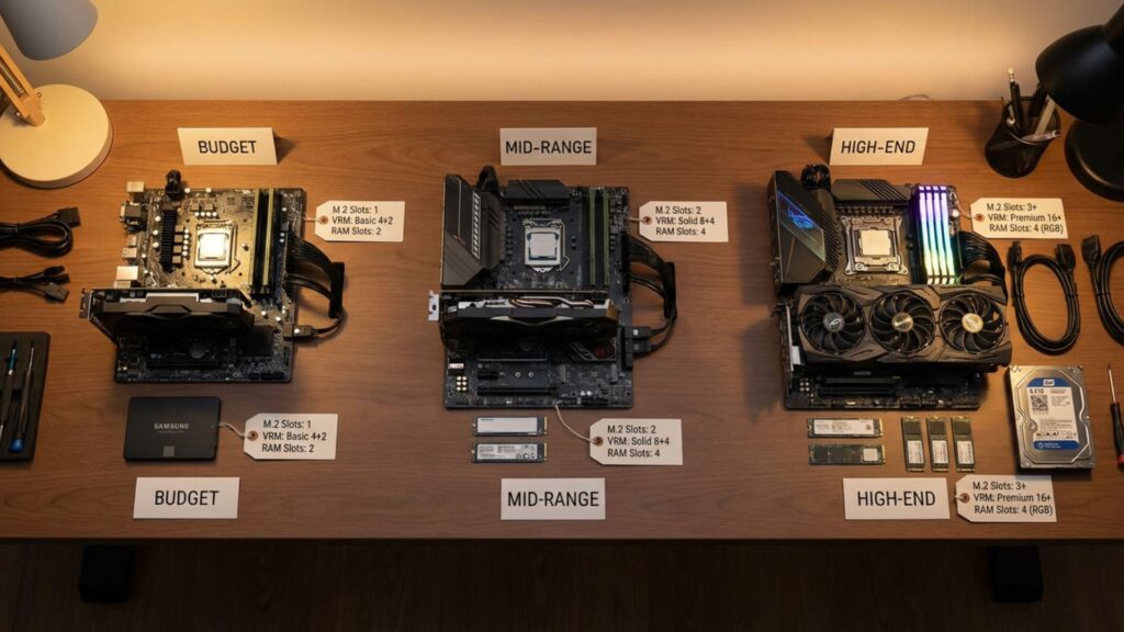 "Example builds of gaming PC motherboards: budget Micro-ATX, mid-range ATX, high-end E-ATX setups with VRM, RAM, and storage"