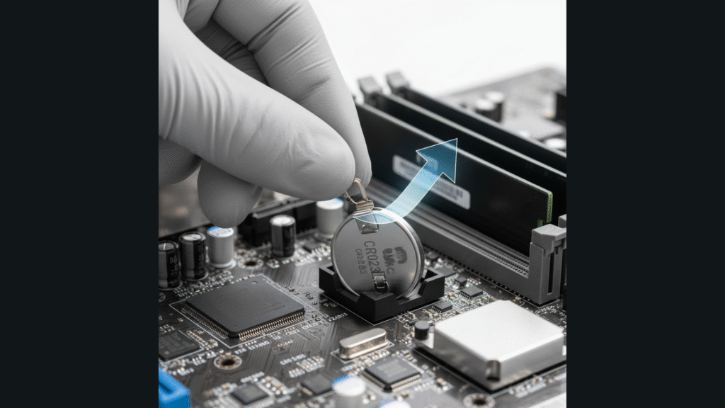 Step-by-step removal of motherboard CMOS battery showing how to remove battery from motherboard safely