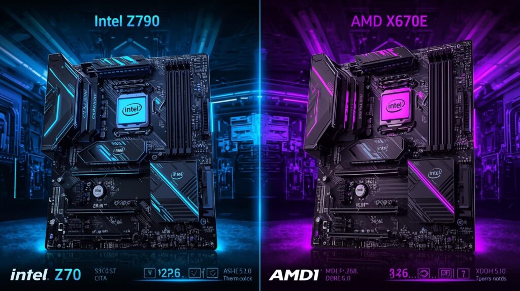 Top Gaming Motherboards Intel Z790 vs AMD X670E B650E showing performance and VRM efficiency.