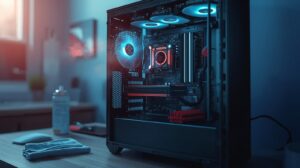 introduction to how to clean a motherboard showing dusty PC and cleaning tools