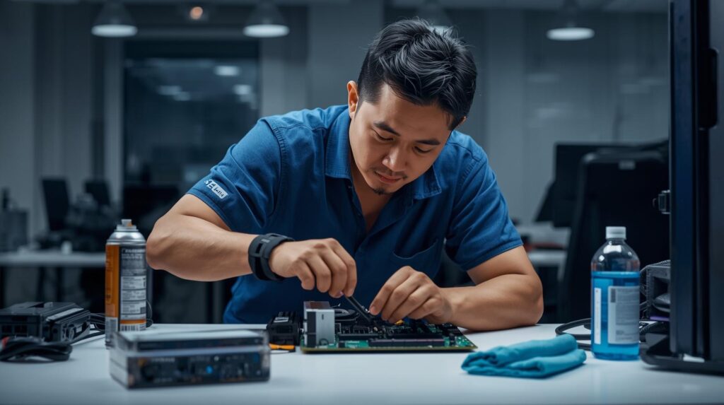 Preparation before cleaning motherboard with anti-static tools and safety setup for effective cleaning.