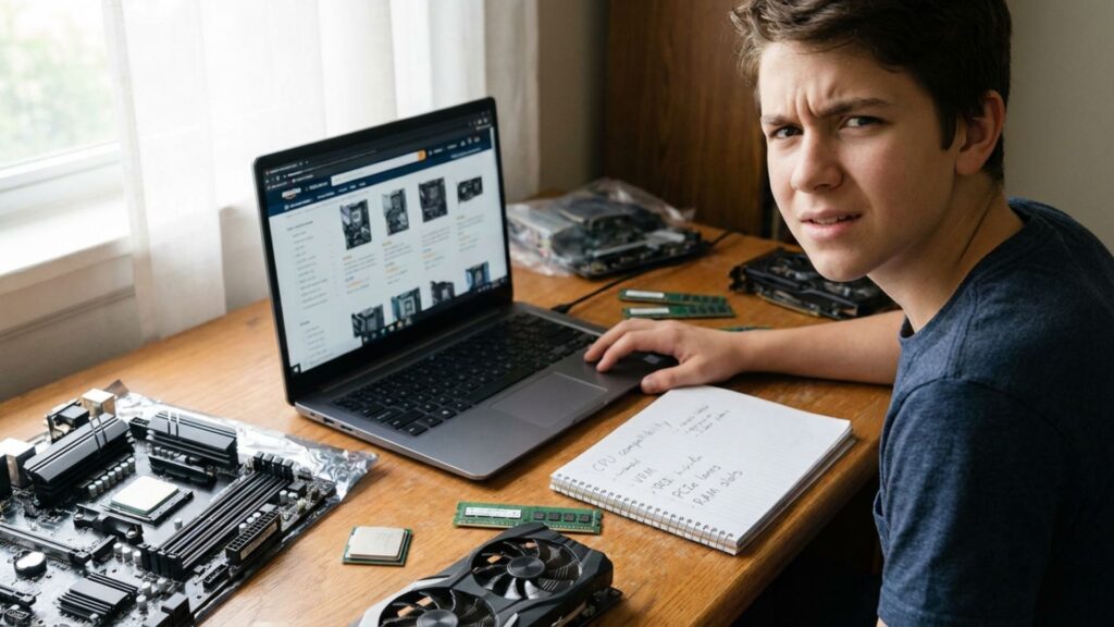 "Step-by-step motherboard buying guide showing ATX, Micro-ATX, Mini-ITX options and key features for gaming PC motherboard selection"