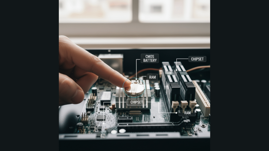 Close-up view of motherboard CMOS battery showing safe handling for how to remove battery from motherboard