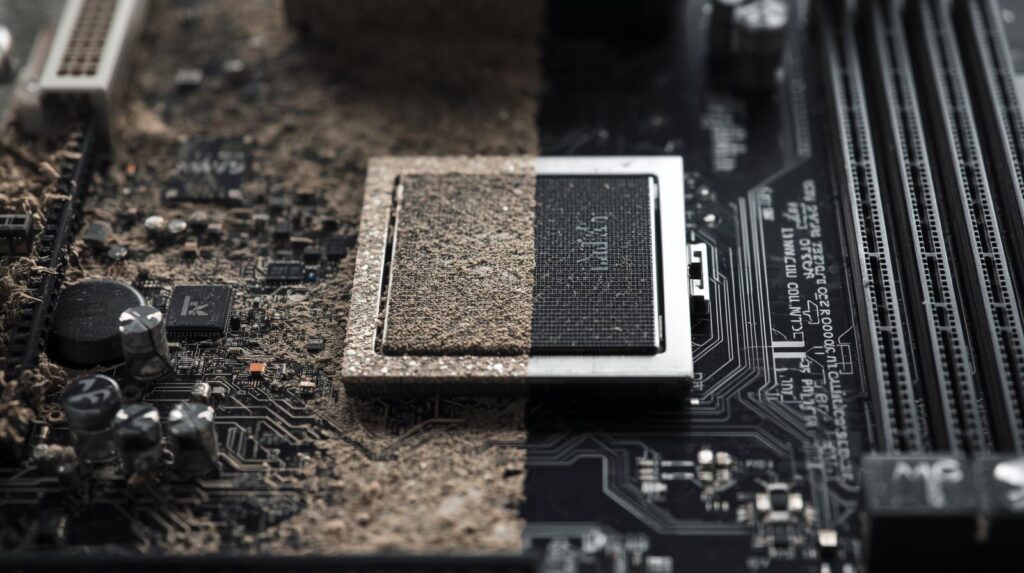 Dusty and clean motherboard comparison showing why cleaning your motherboard matters for performance.